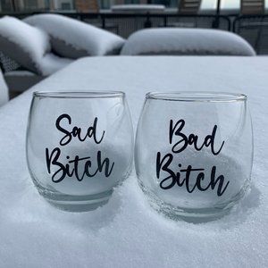 Personalized Bad Bitch Sad Bitch Stemless Wine Glass Set Day Funny Gift